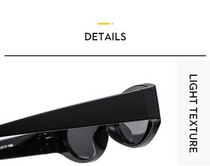 Close-up of lightweight black Y2K frame hinges and textured temples of outdoor sunglasses