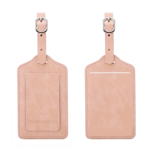 Pink PU leather luggage tags with aircraft icon and silver buckle, front and back views