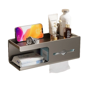 Wall-mounted gunmetal toilet paper holder with shelf and mobile phone storage slot