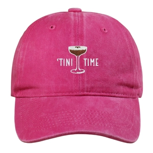 Detail of Tini Time martini embroidery on vintage washed pink cotton baseball cap