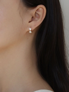 Close-up of 925 silver pearl drop earrings with zircon studs worn on a female earlobe