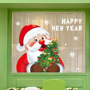 Cartoon Santa Claus window sticker with Happy New Year text and white snowflake decor