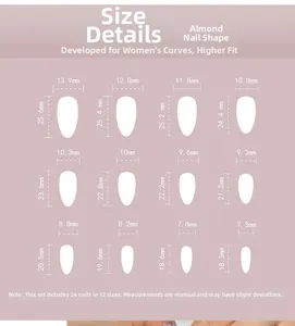 Size chart showing almond shape press-on nail dimensions for 24 pieces in 12 various sizes
