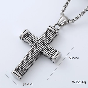 Industrial silver stainless steel cross pendant showing precise dimensions 34MM by 53MM
