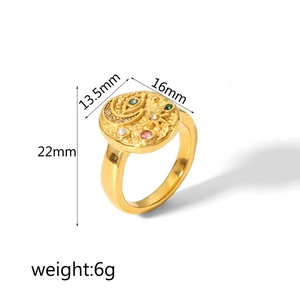Detailed view of 18K gold stainless steel evil eye ring with measurements and weight info