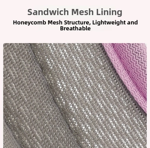 Macro detail of breathable purple and grey sandwich mesh lining for pet harness