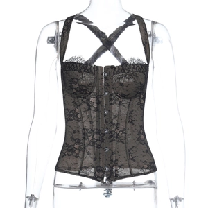 Detail showing sheer floral lace bustier with front hook-and-eye closure and straps