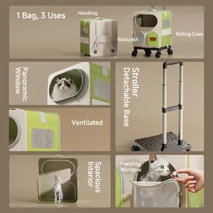 Green and beige 3-in-1 pet carrier with wheels, backpack and handbag for large cats