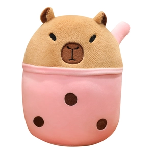 Pink milk tea cup plush toy with cute capybara head on a clean white background