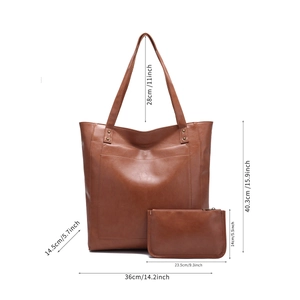 Dimensions détaillées du cabas en cuir PU marron et sa petite pochette