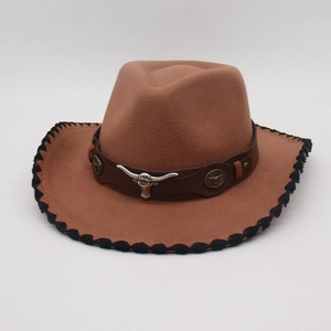 Detail of brown wool fedora with longhorn skull metal buckle and braided edge finish