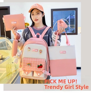 Pink and white five-piece backpack set including tote bag and pouches with cute pins