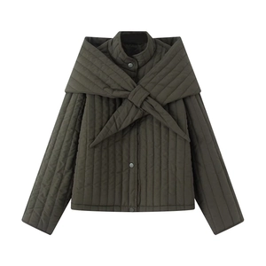 Quilted olive green jacket featuring a stylish wrap collar and snap button closure
