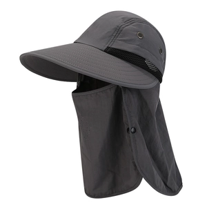 Outdoor sun protection hat in dark grey with wide brim and neck flap for hiking