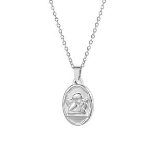 Polished titanium steel Cupid angel necklace with oval pendant on a classic silver link chain