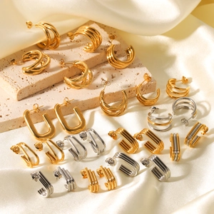 Geometric Stainless Steel Hoop Earrings Gold Silver Plated C Shape U Type Chunky Twisted Multi Layer Studs For Women