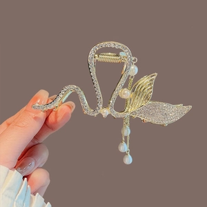 Elegant gold swan hair claw clip with rhinestones and white pearl tassels for women