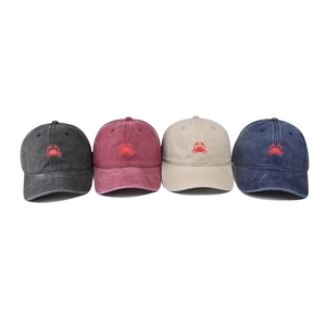 Washed cotton baseball caps with crab embroidery in multiple vintage colors