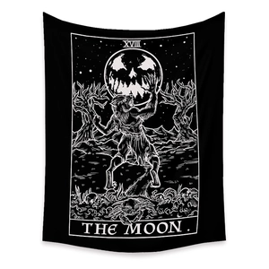 Detail of gothic tarot tapestry featuring The Moon XVIII with Halloween horror elements
