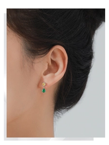 Détail de boucles d'oreilles en argent S925 avec pierres jaunes et vertes sur mannequin