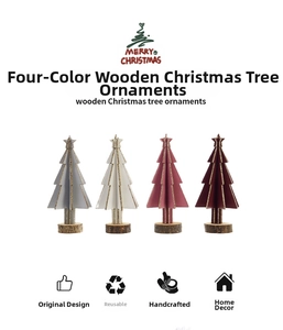 Set of four mini wooden Christmas trees with glitter edges and natural wood bases
