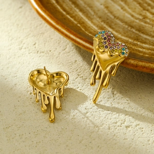 Lava heart drop earrings in gold plated stainless steel with colorful zirconia stones