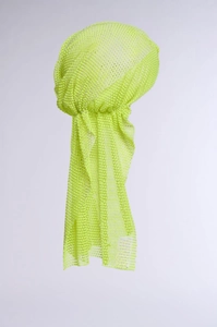 Close-up of neon green mesh durag with sparkling rhinestones for music festivals