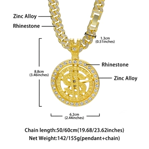 Detailed size chart for hip hop dollar sign pendant necklace with iced out rhinestones