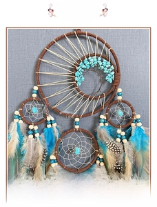 Detail of tree of life dreamcatcher with turquoise stones and colorful feathers