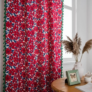 Christmas cotton linen curtain with red floral pattern and green tassel trim for windows