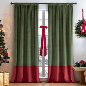 Christmas red and green velvet blackout curtains with bow tie in festive decor