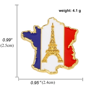 Detail view of France map brooch with tricolor enamel and Eiffel Tower dimensions