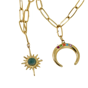 Gold plated stainless steel chain necklace with bohemian sun and moon stone pendants