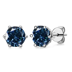 Classic S925 sterling silver six-prong stud earrings with dark blue moissanite stones
