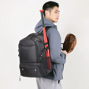 Water-resistant black sports backpack for baseball with side storage for bat and gear