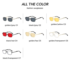 Detailed grid layout showing seven color options for polygon metal sunglasses