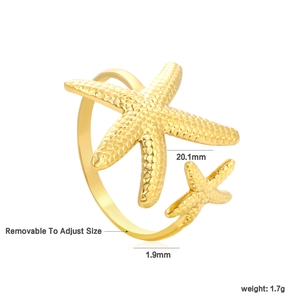 Detail eines verstellbaren goldenen Seesternrings mit Maßen und 1,7g Gewichtsinfos