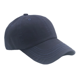 Classic navy blue washed cotton baseball cap with structured panels and stitched curved brim