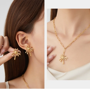 Detail of hammered gold starburst necklace and earrings set with an artistic metal finish