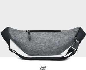 Rear view of gray textured waist bag with hidden zipper pocket and adjustable strap