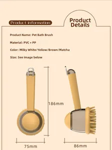 Detailed view of long-handled silicone pet bath brush with specific dimensions and soft bristles