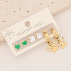 Detailed set of stainless steel earrings featuring heart, butterfly and zircon studs
