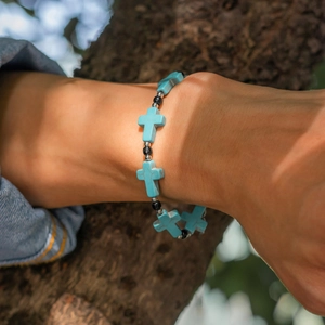 Men Beaded Bracelet Turquoise Cross Beads Black Beads Alloy Adjustable Extension Chain Vintage Minimalist Trend Jewelry