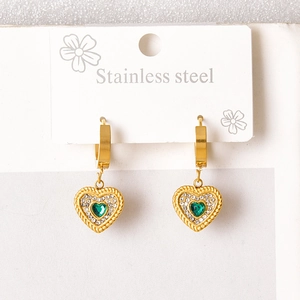 Elegant gold heart earrings with green gemstones and zircon set in stainless steel