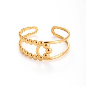 Gold double-layer stainless steel open bracelet with minimalist beaded texture design