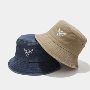 Washed Cotton Bucket Hat With Shaka Hand Gesture Embroidery Sun Protection Outdoor Fishing Sun Hat Unisex