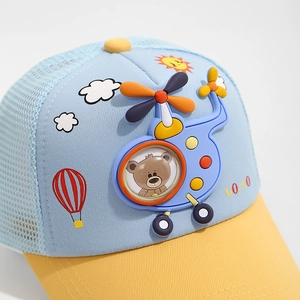 Kids baseball cap with blue and yellow colors featuring a 3D helicopter and bear motif