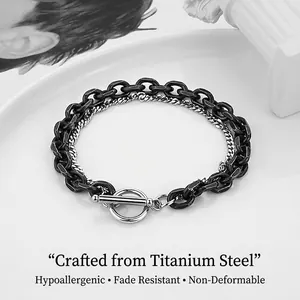 Titanium steel double layer chain bracelet for men with silver and black finish OT buckle