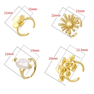 French vintage sunflower and pearl adjustable rings in gold finish with measurements