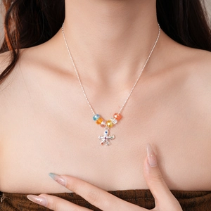 Elegant silver adjustable necklace with floral pendant and colorful faceted crystal beads